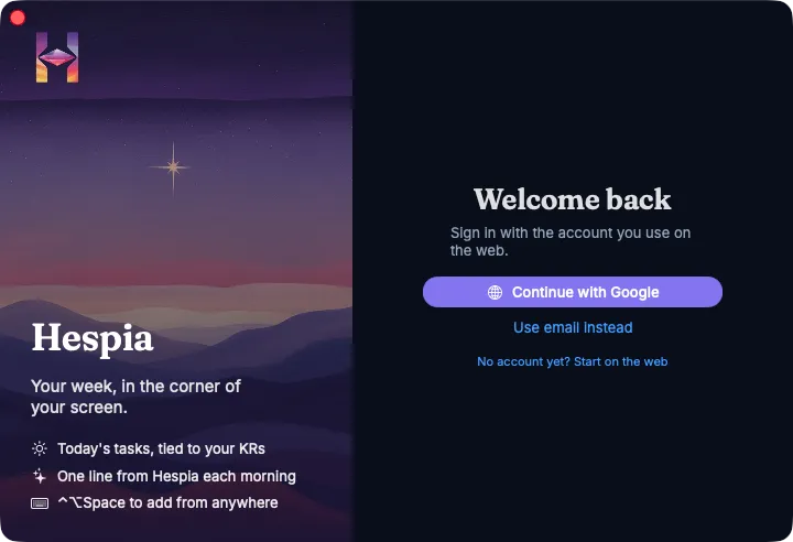 The Hespia for Mac sign-in window